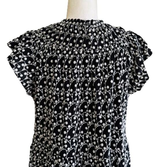 Loft Dress Black White Eyelet Embroidered Smocked Yoke Ruffle Sleeve Size LP NEW - Picture 6 of 14